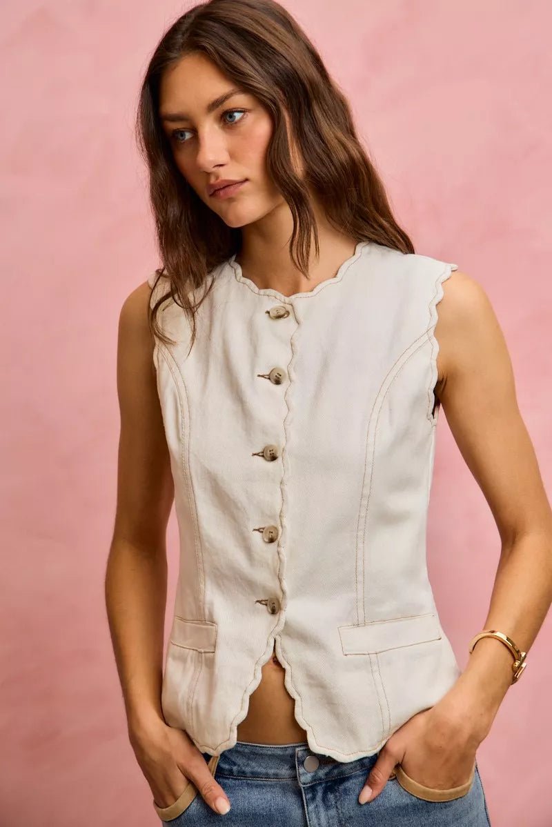 Scalloped Edge Cotton Twill Vest Top - 