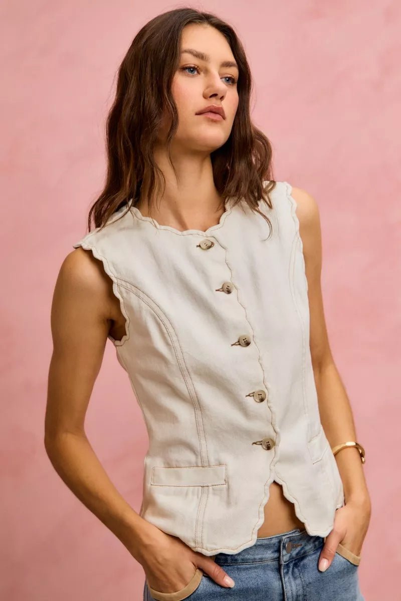 Scalloped Edge Cotton Twill Vest Top - 