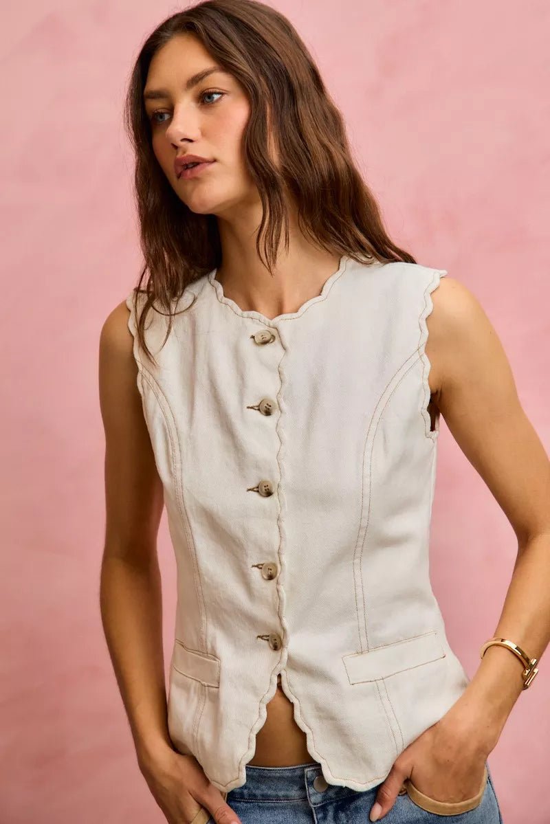 Scalloped Edge Cotton Twill Vest Top - 
