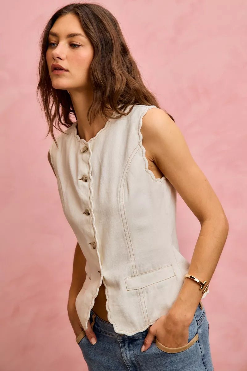 Scalloped Edge Cotton Twill Vest Top - 