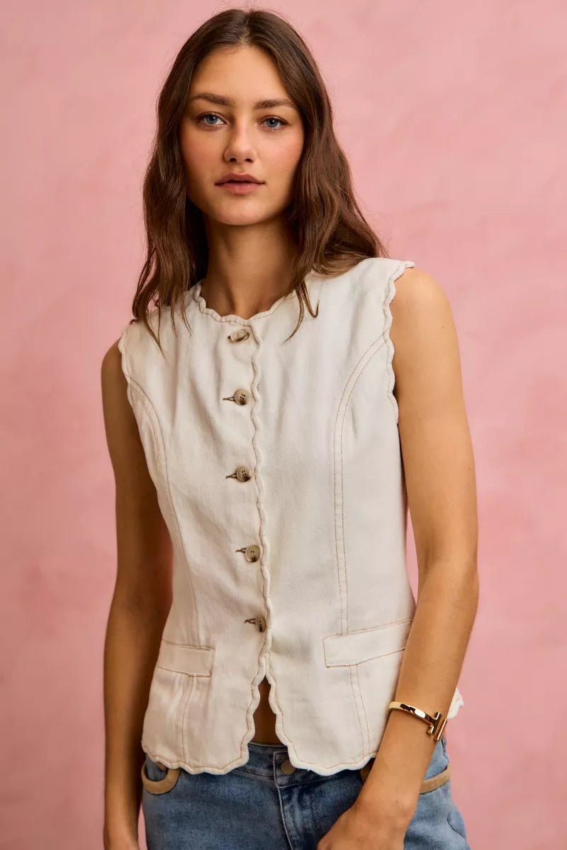 Scalloped Edge Cotton Twill Vest Top - 