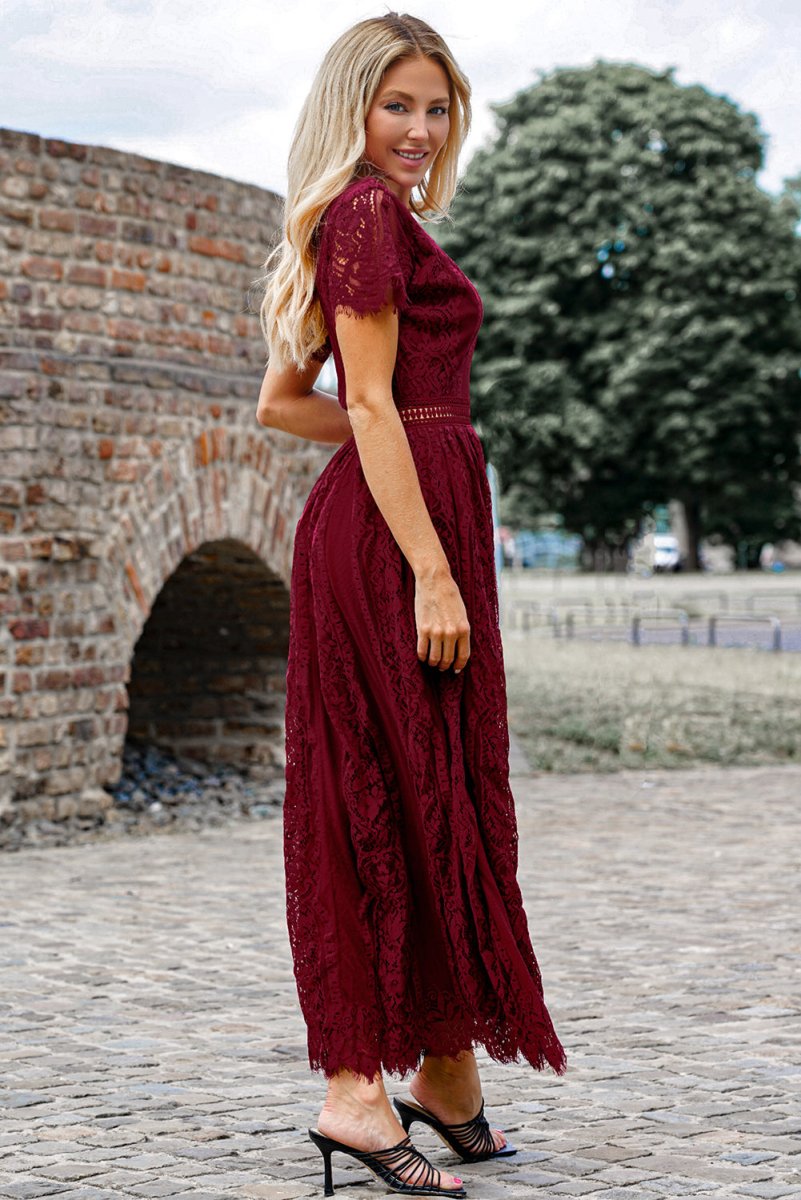 Scalloped Trim Lace Plunge Dress - Cocktail Dress