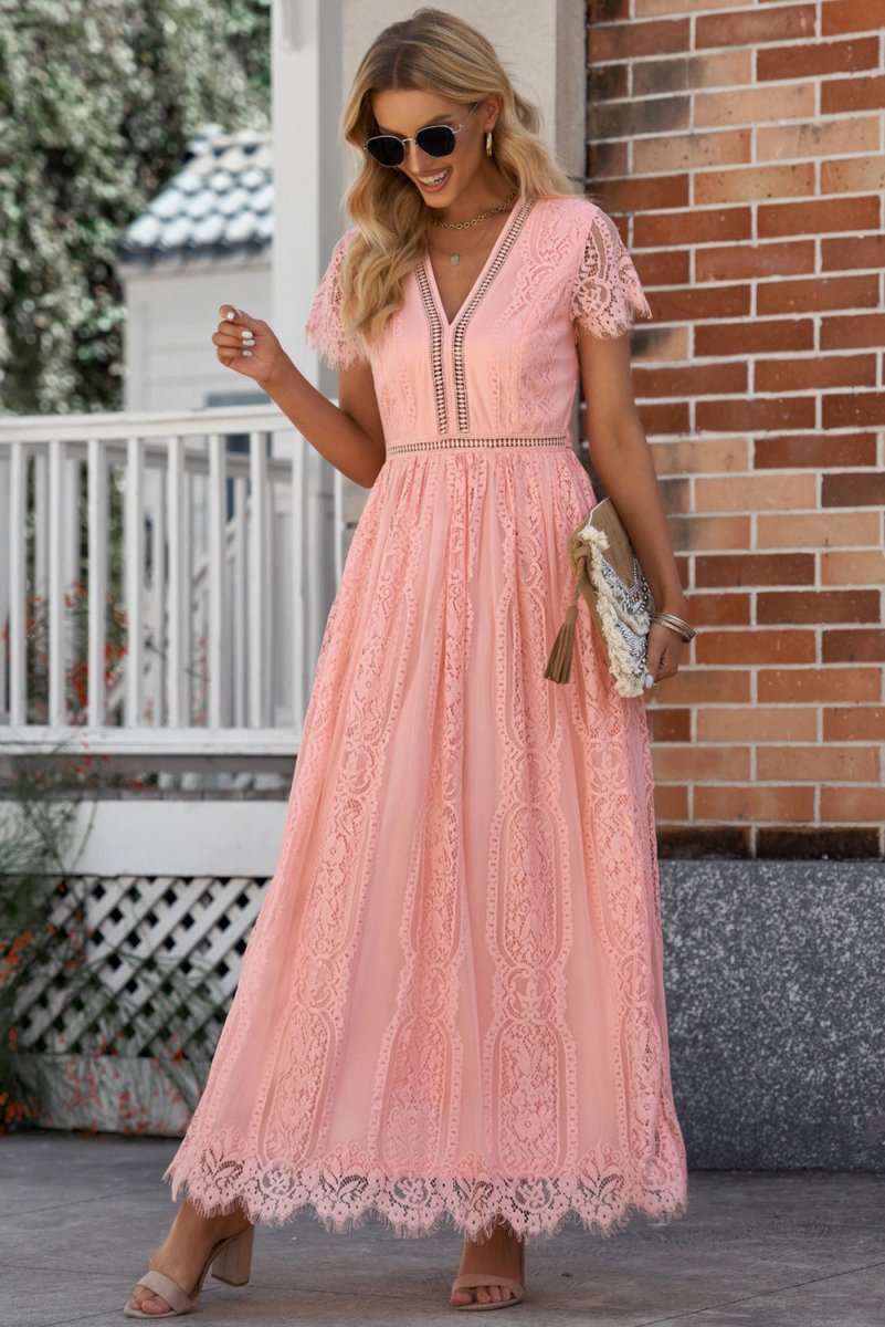 Scalloped Trim Lace Plunge Dress - Cocktail Dress
