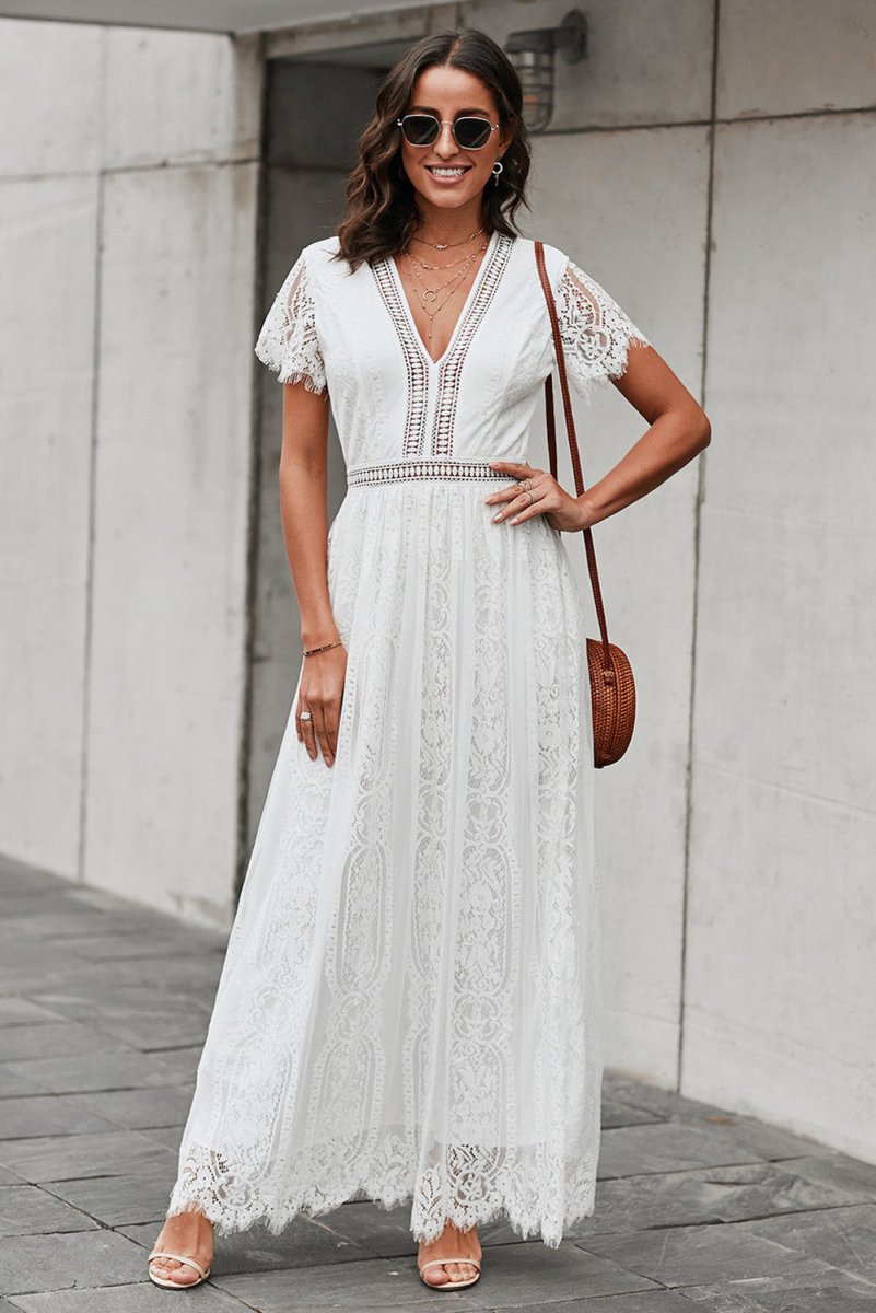 Scalloped Trim Lace Plunge Dress - Cocktail Dress