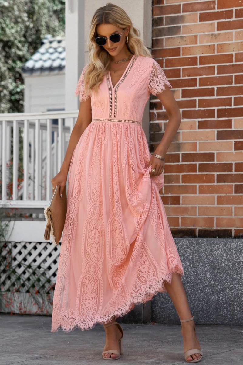 Scalloped Trim Lace Plunge Dress - Cocktail Dress