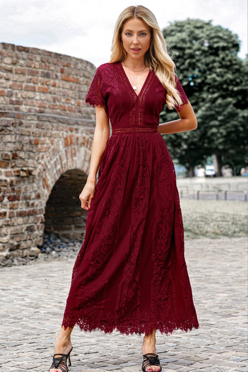 Scalloped Trim Lace Plunge Dress - Cocktail Dress