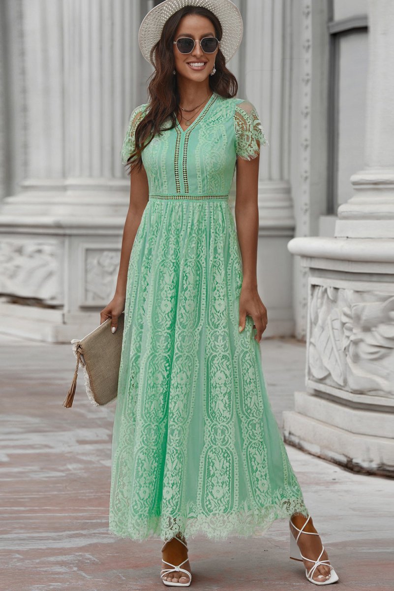 Scalloped Trim Lace Plunge Dress - Cocktail Dress