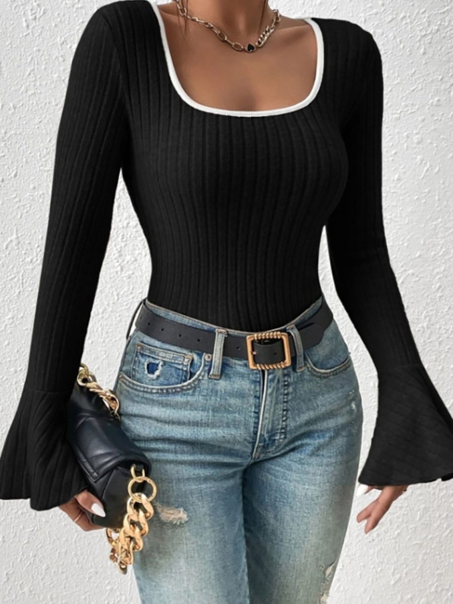 Scoop Neck Long Sleeve T-Shirt - Top