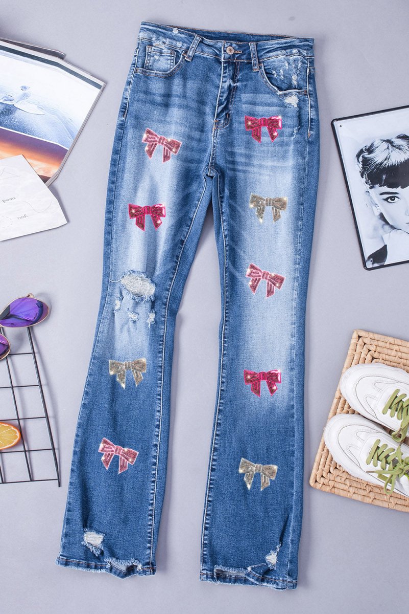 Sequin Bow Distressed Bootcut Jeans - Bottoms
