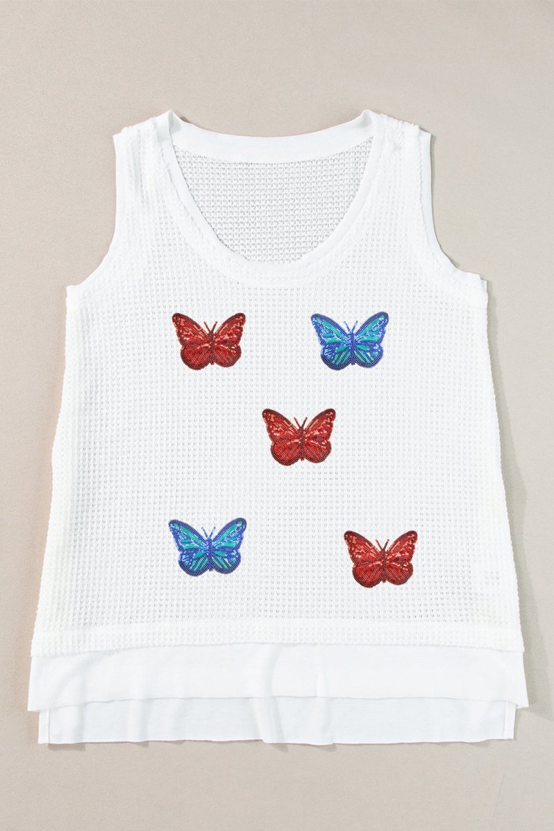 Sequin Butterfly Round Neck Tank - Top