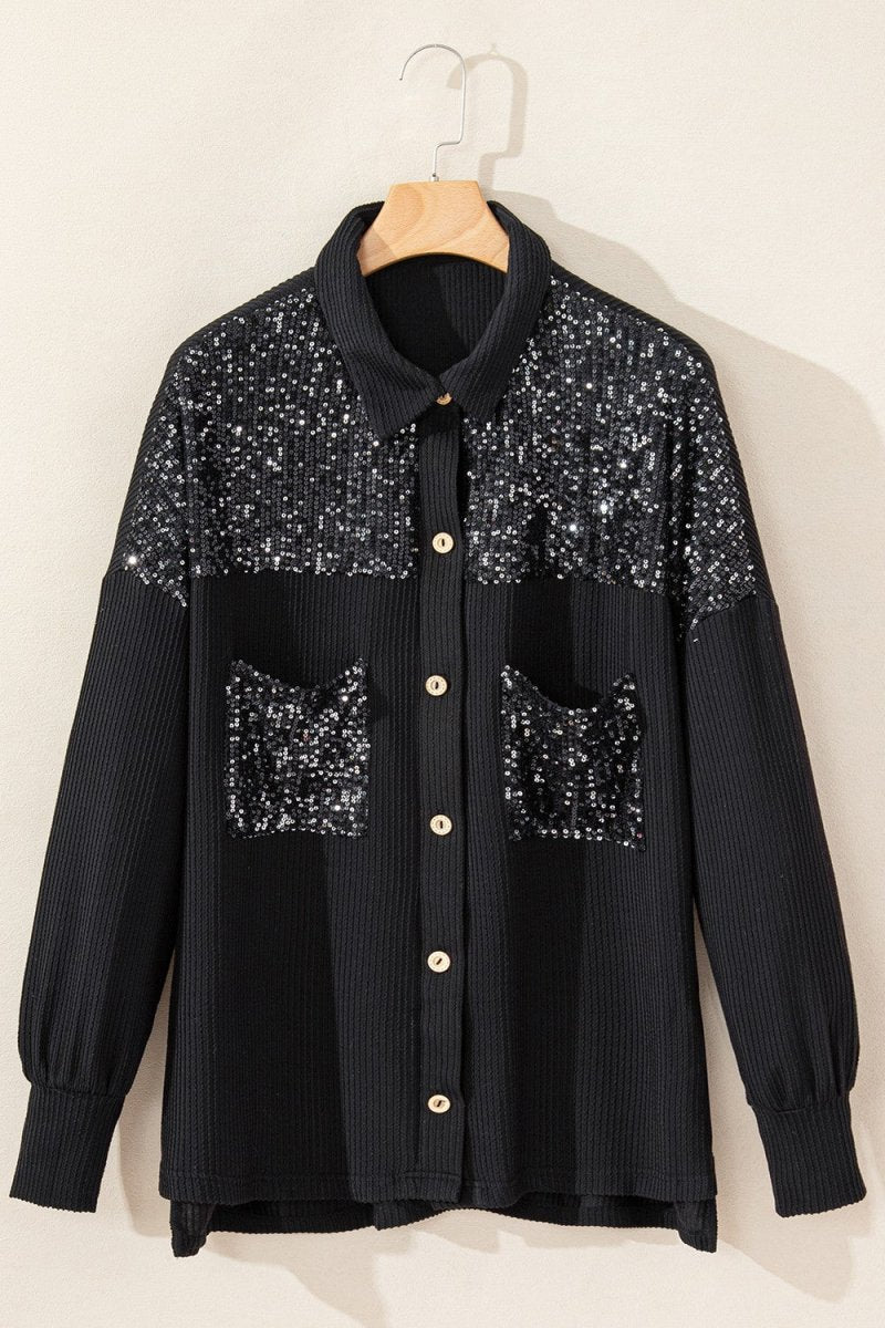 Sequin Button Up Dropped Shoulder Jacket - Outerwear