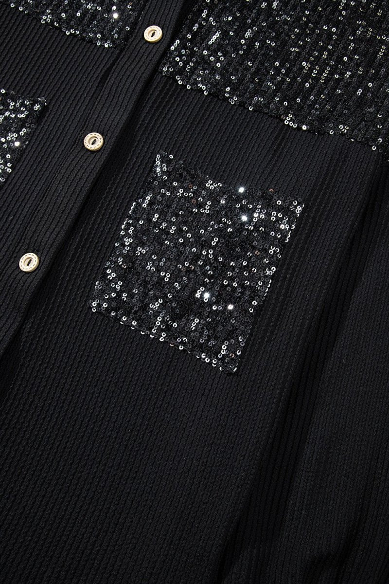 Sequin Button Up Dropped Shoulder Jacket - Outerwear