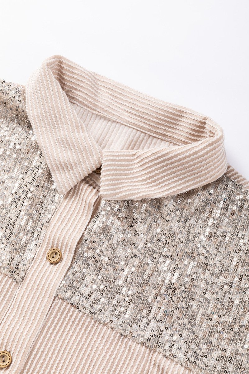 Sequin Button Up Dropped Shoulder Jacket - Outerwear