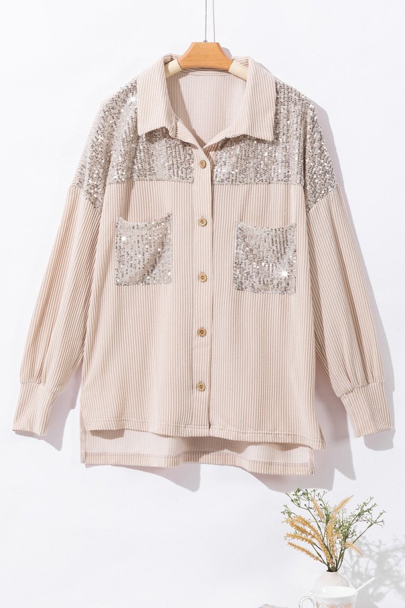 Sequin Button Up Dropped Shoulder Jacket - Outerwear