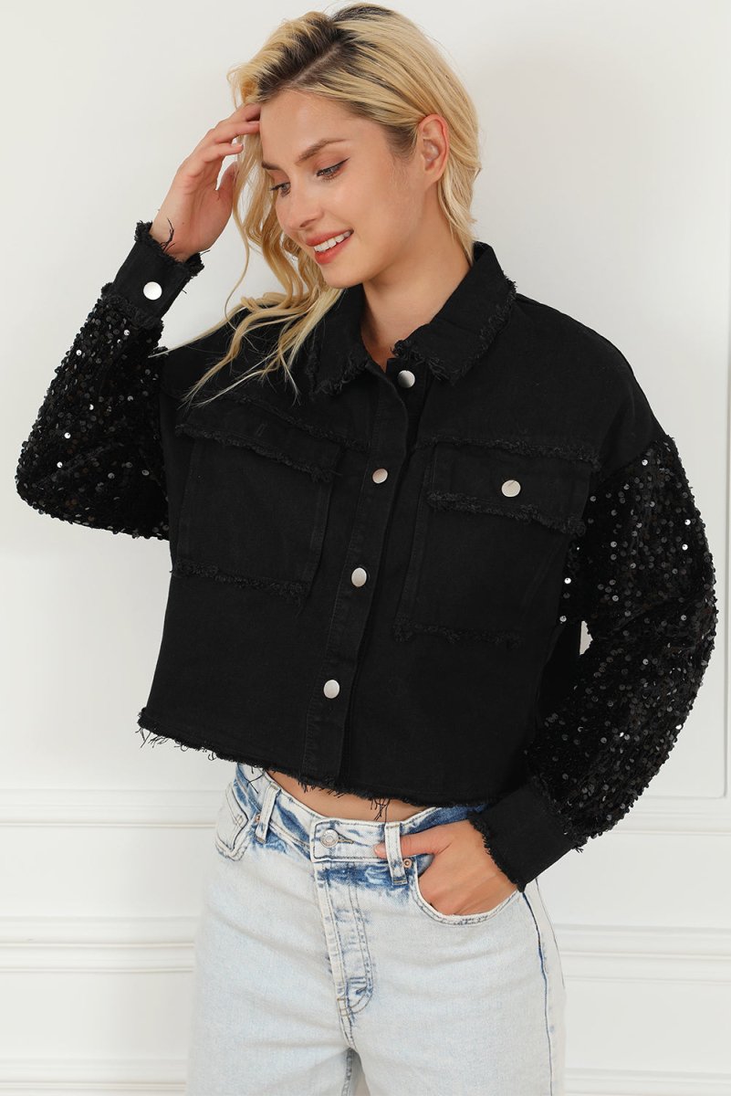 Sequin Button Up Raw Hem Denim Jacket - Outerwear