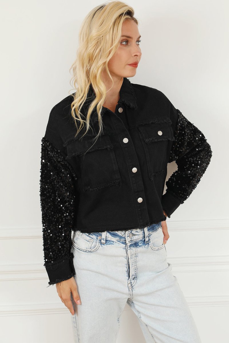 Sequin Button Up Raw Hem Denim Jacket - Outerwear