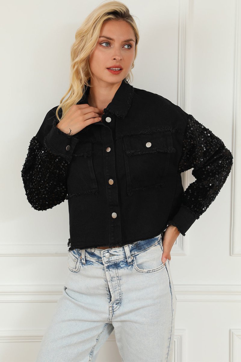 Sequin Button Up Raw Hem Denim Jacket - Outerwear