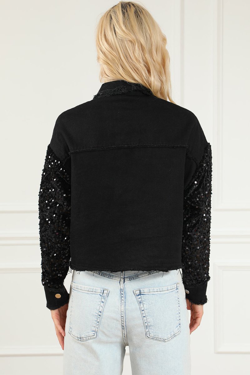 Sequin Button Up Raw Hem Denim Jacket - Outerwear