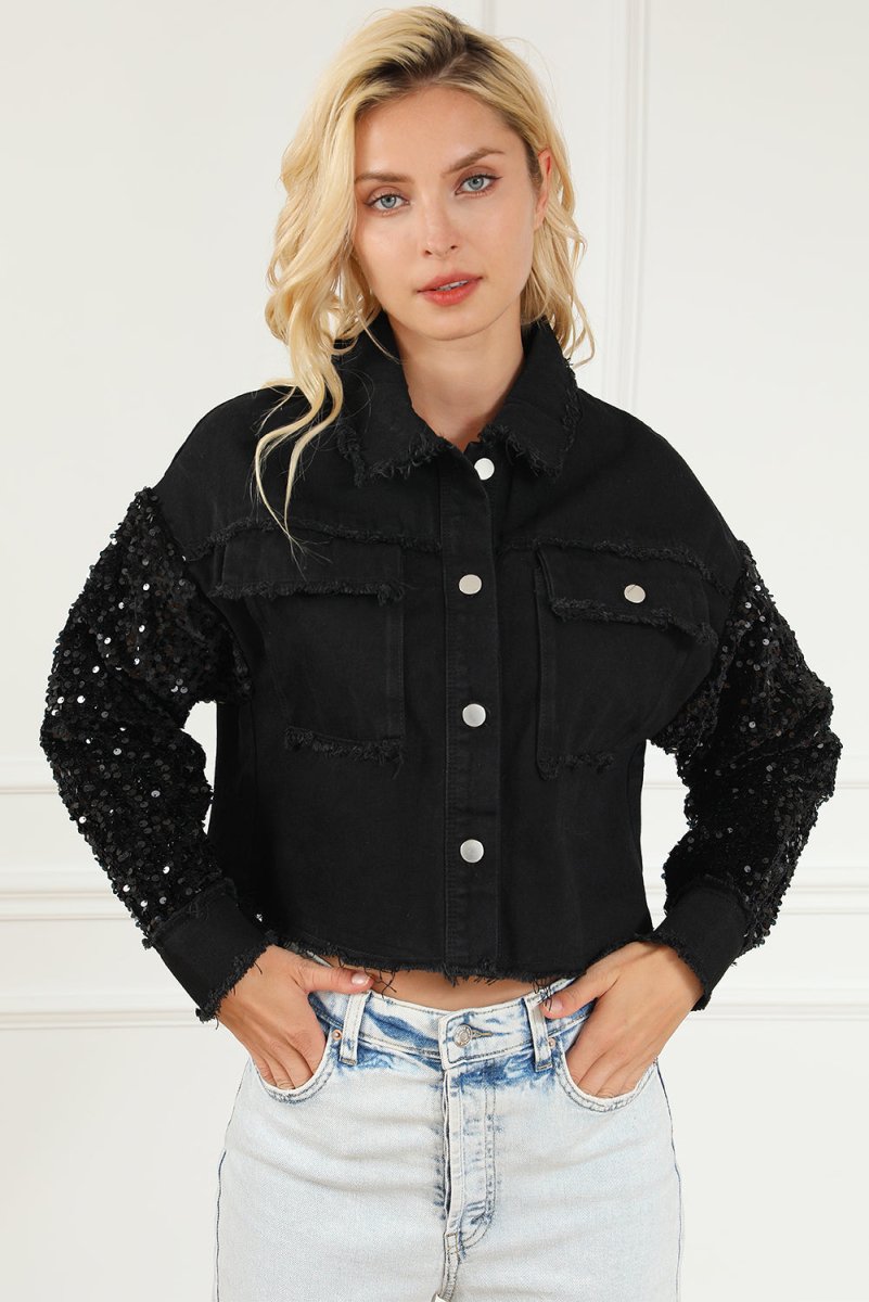 Sequin Button Up Raw Hem Denim Jacket - Outerwear