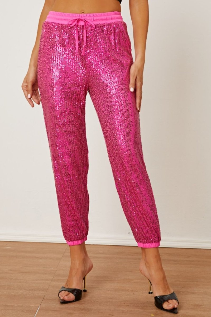 Sequin Drawstring Pants with Pockets - Bottoms