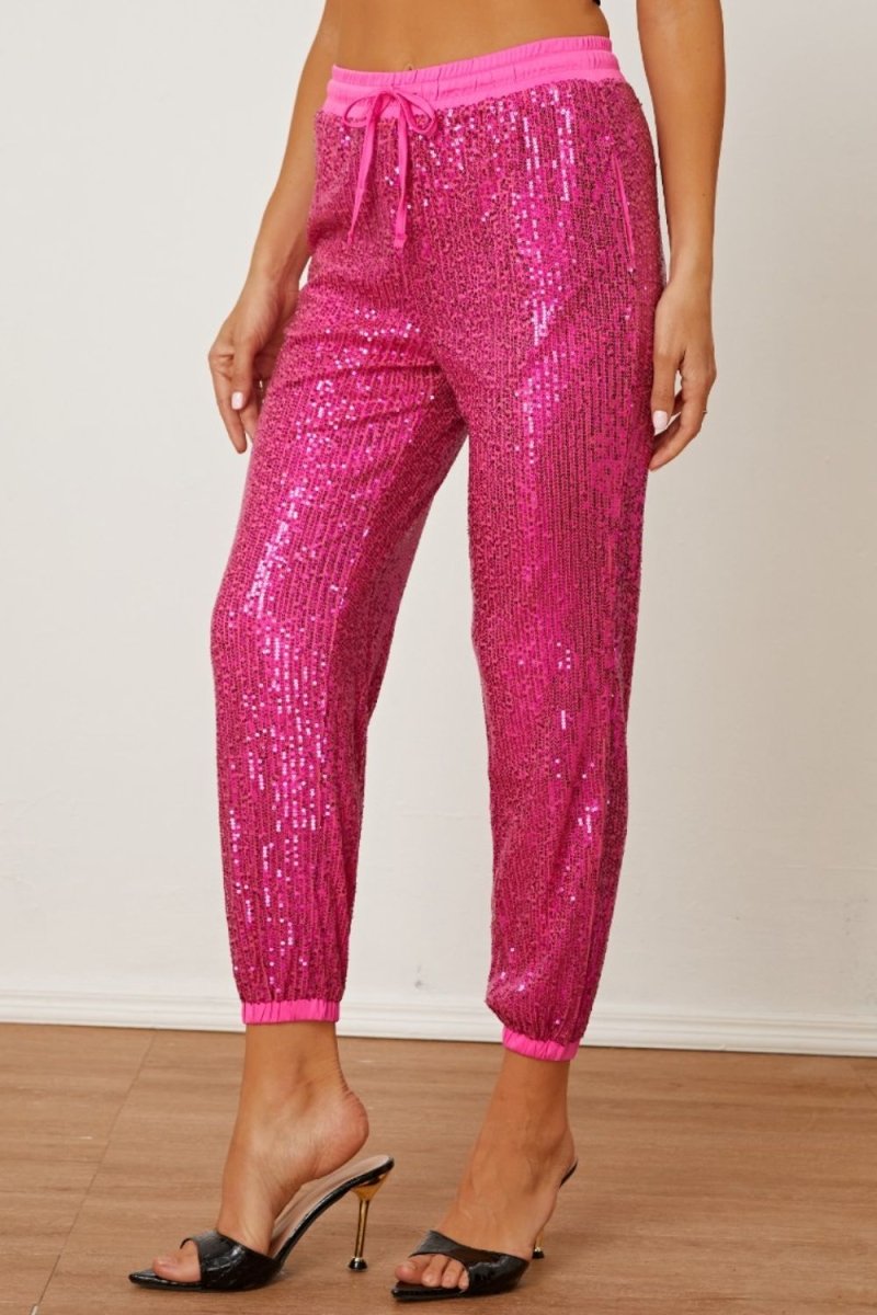 Sequin Drawstring Pants with Pockets - Bottoms