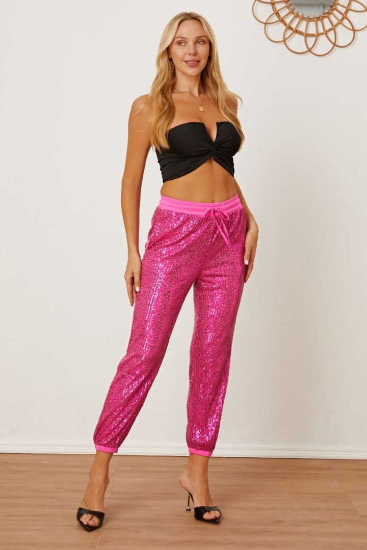 Sequin Drawstring Pants with Pockets - Bottoms