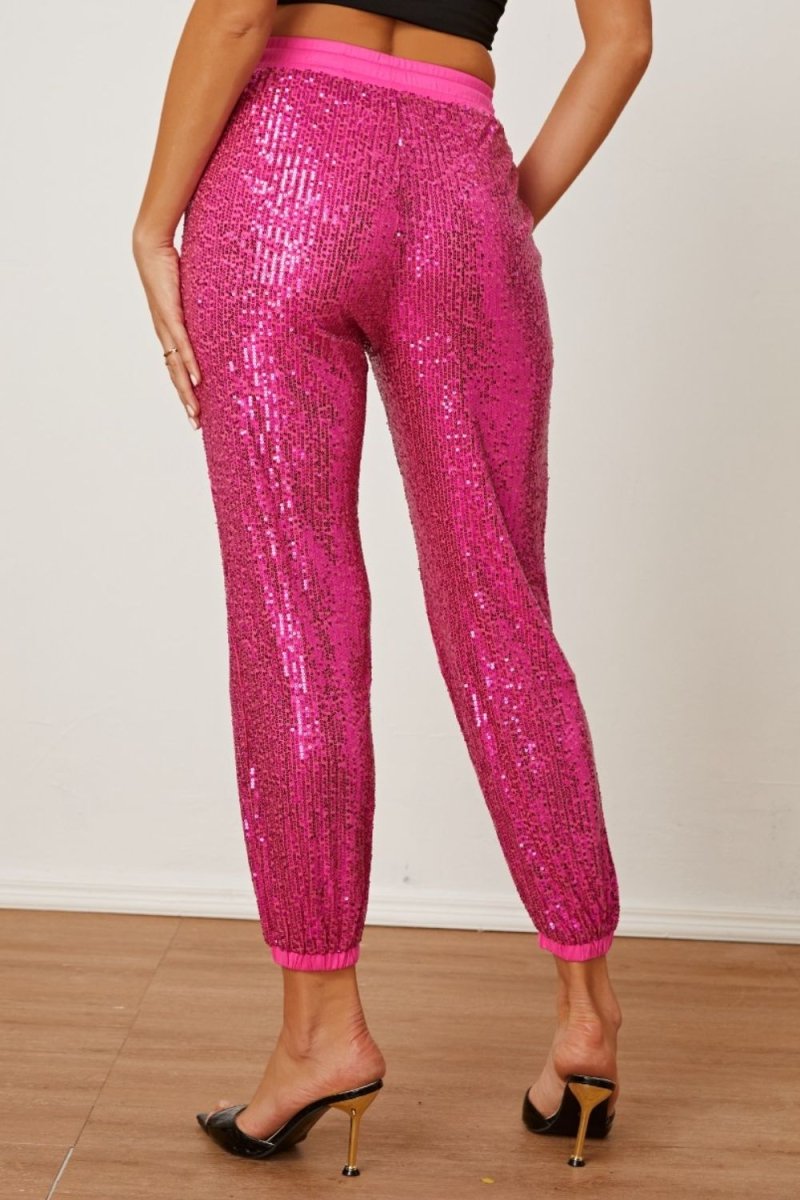 Sequin Drawstring Pants with Pockets - Bottoms