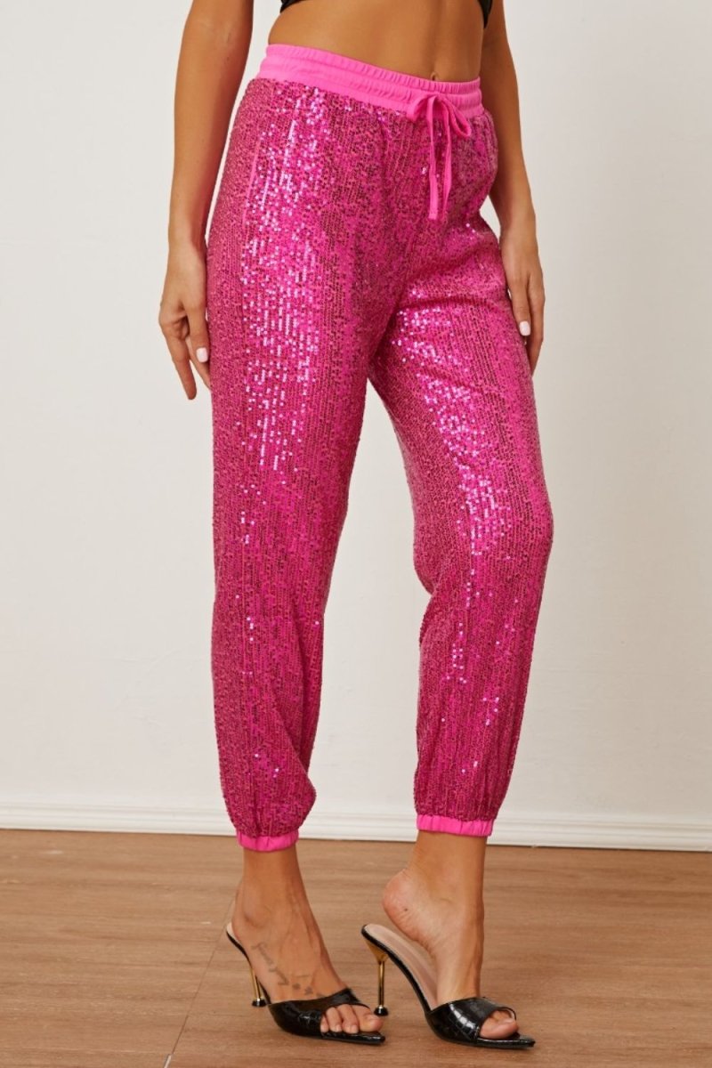 Sequin Drawstring Pants with Pockets - Bottoms