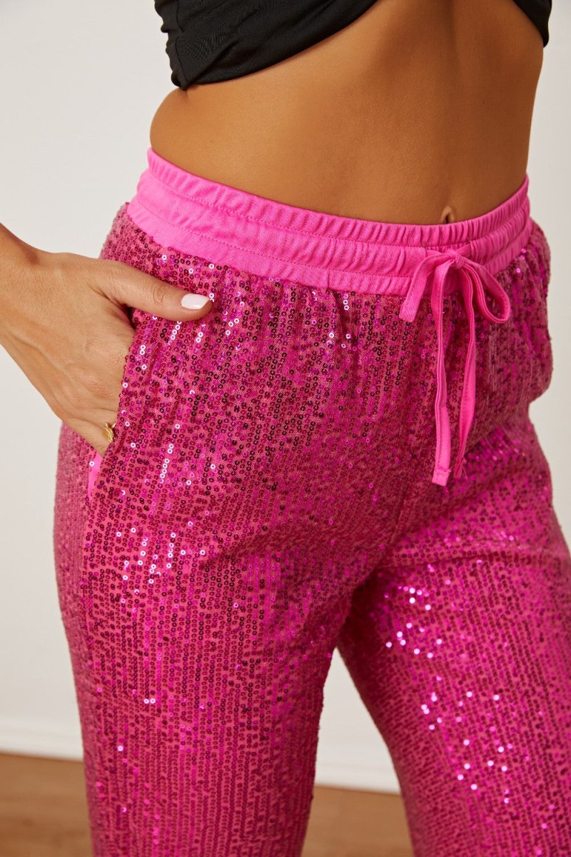 Sequin Drawstring Pants with Pockets - Bottoms