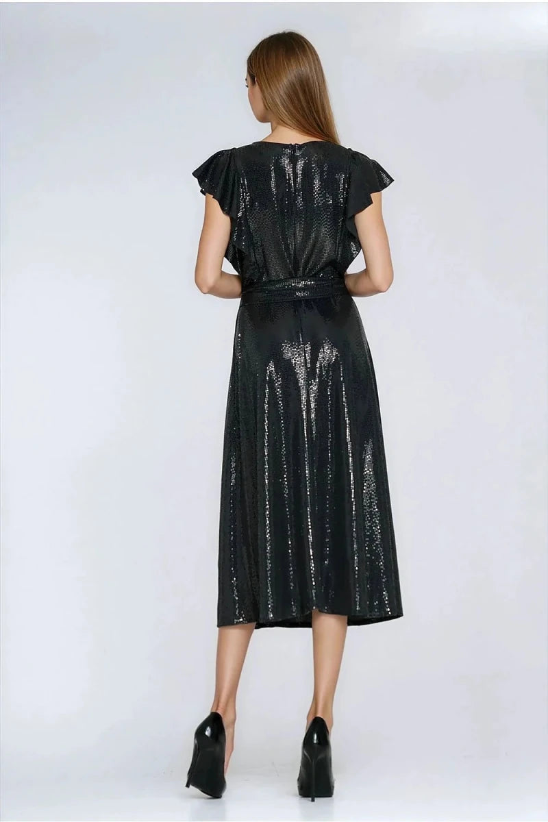 Sequin Evening Dress with Belt - 