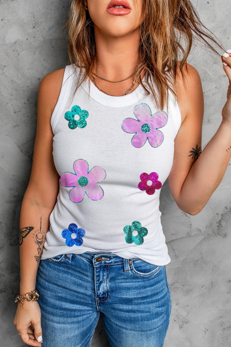 Sequin Flower Round Neck Tank - Top