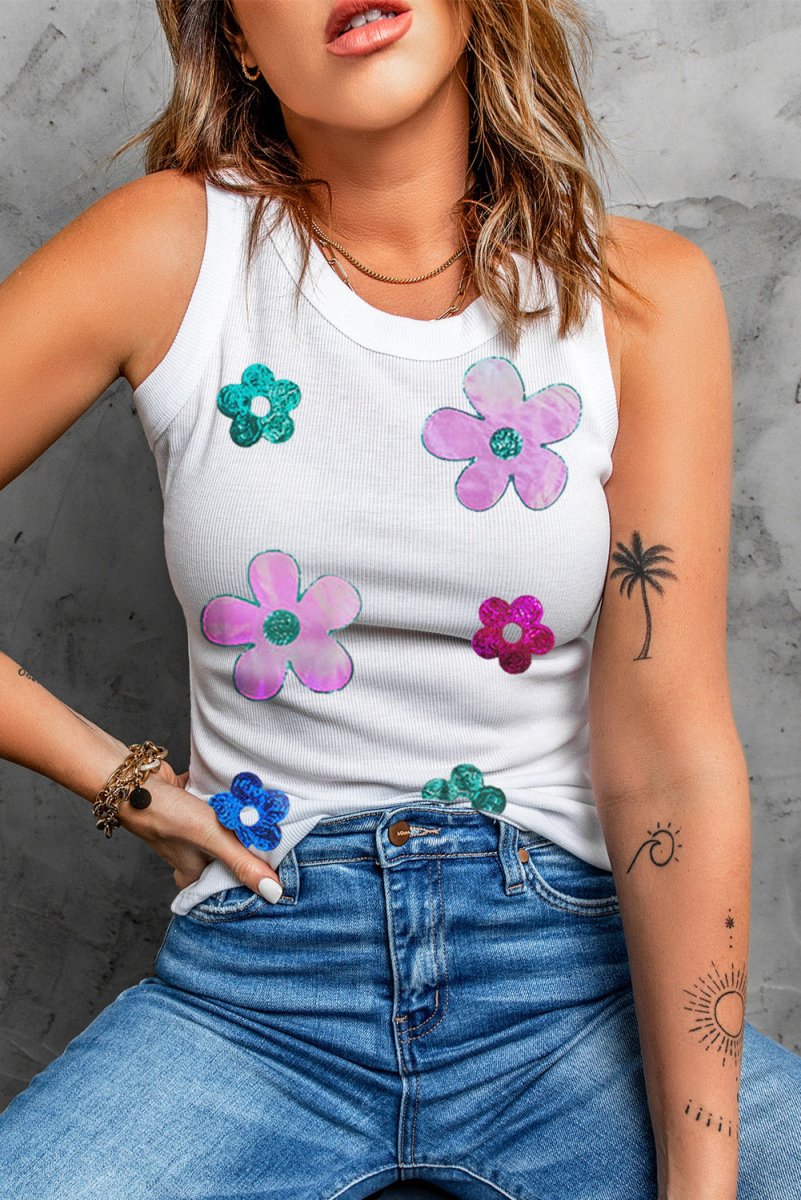 Sequin Flower Round Neck Tank - Top