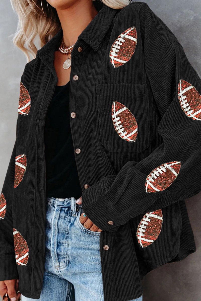 Sequin Football Button Up Long Sleeve Jacket - Outerwear