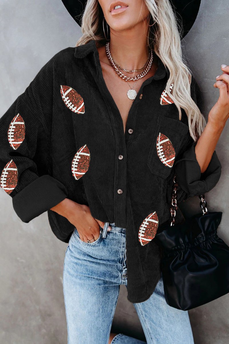 Sequin Football Button Up Long Sleeve Jacket - Outerwear