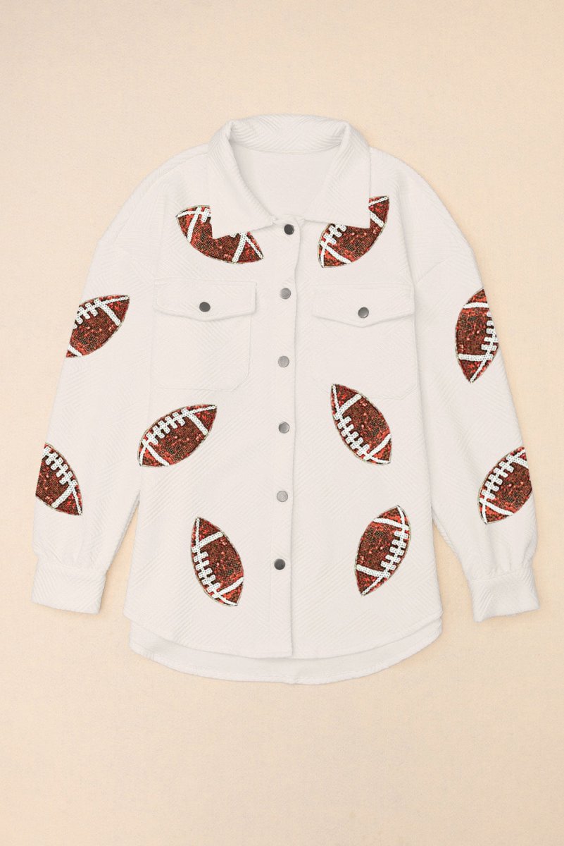Sequin Football Patch Collared Neck Snap Button Jacket - Outerwear