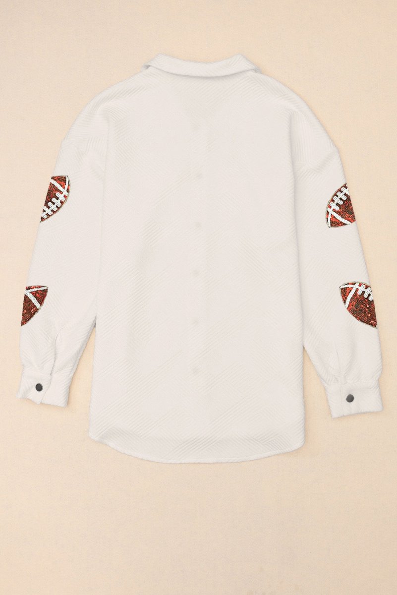 Sequin Football Patch Collared Neck Snap Button Jacket - Outerwear