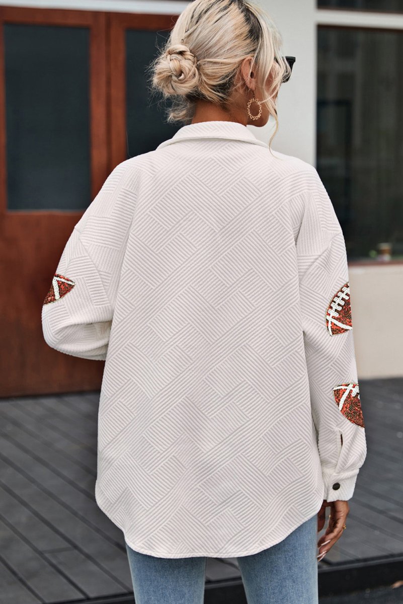 Sequin Football Patch Collared Neck Snap Button Jacket - Outerwear