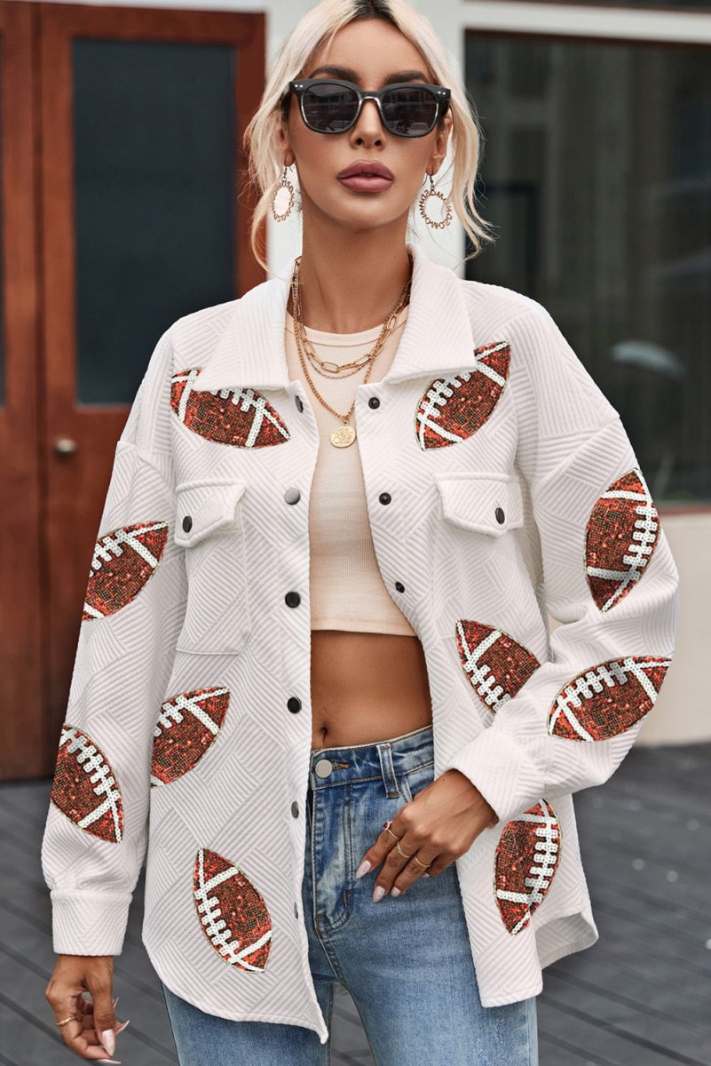 Sequin Football Patch Collared Neck Snap Button Jacket - Outerwear