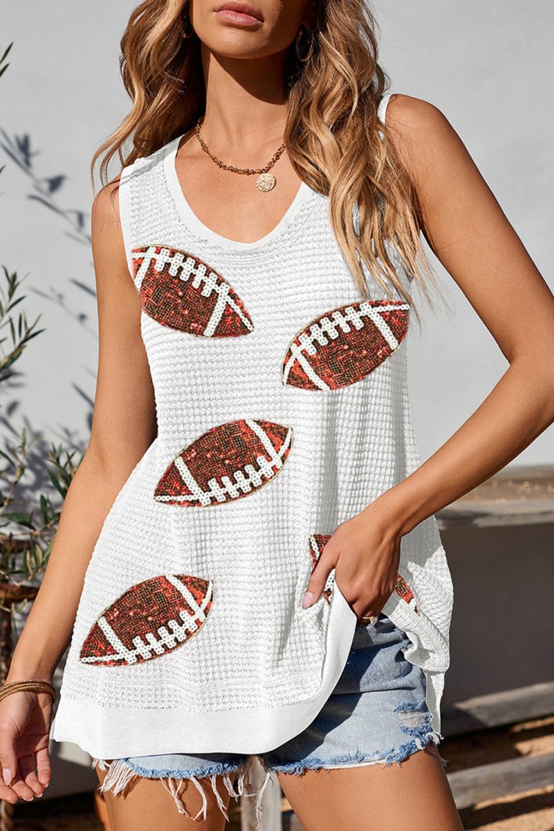 Sequin Football Round Neck Tank - Top