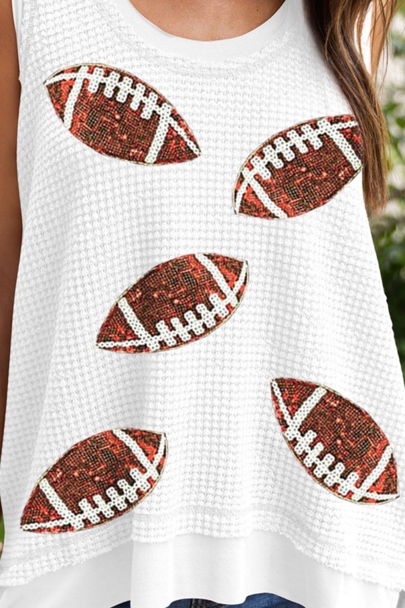 Sequin Football Round Neck Tank - Top