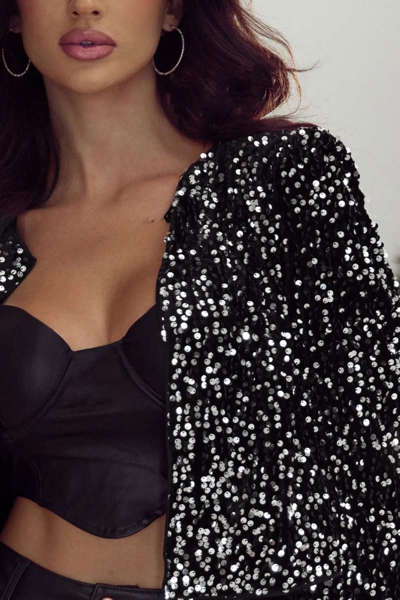 Sequin Open Front Long Sleeve Jacket - Outerwear
