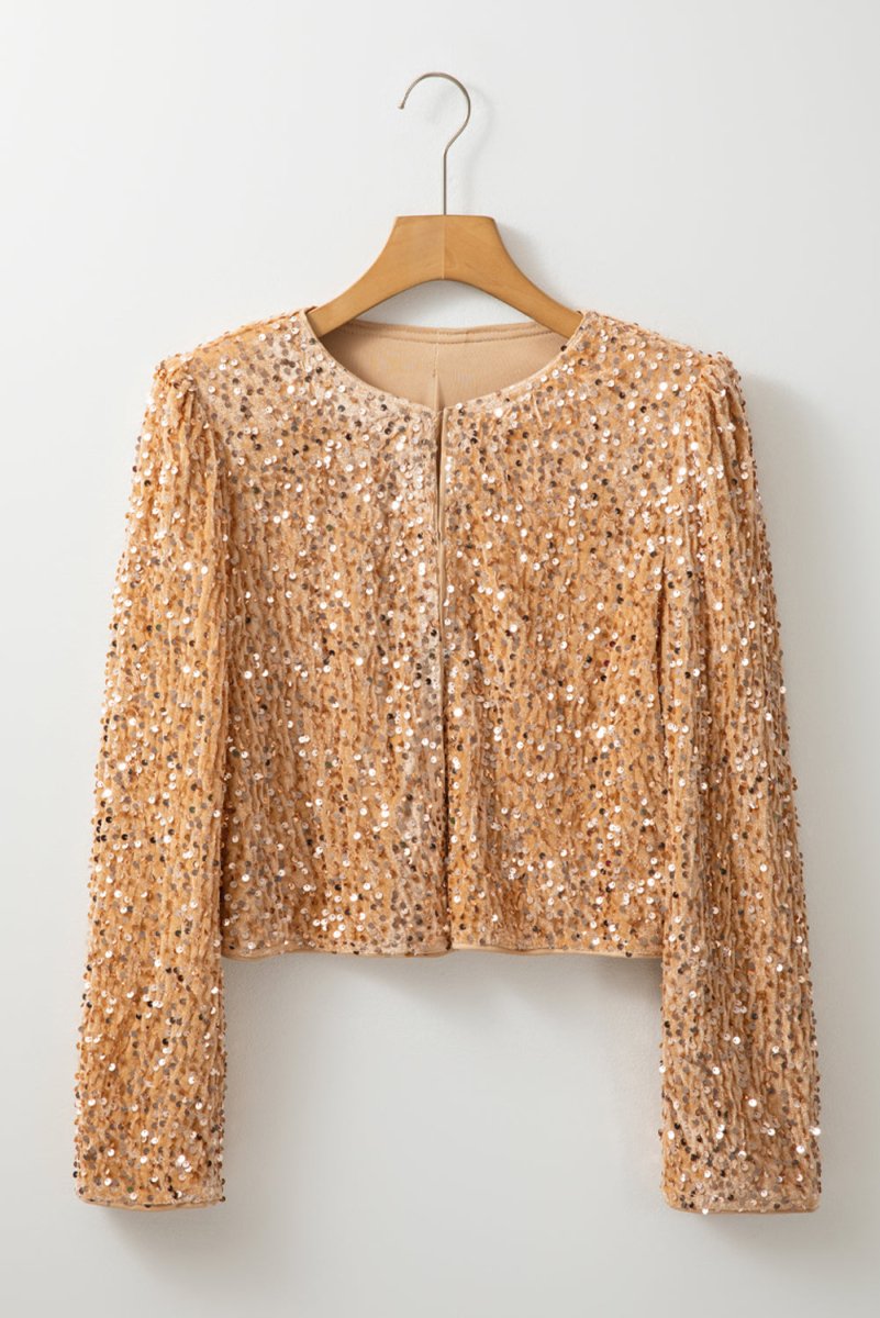 Sequin Open Front Long Sleeve Jacket - Outerwear