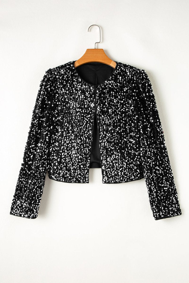 Sequin Open Front Long Sleeve Jacket - Outerwear