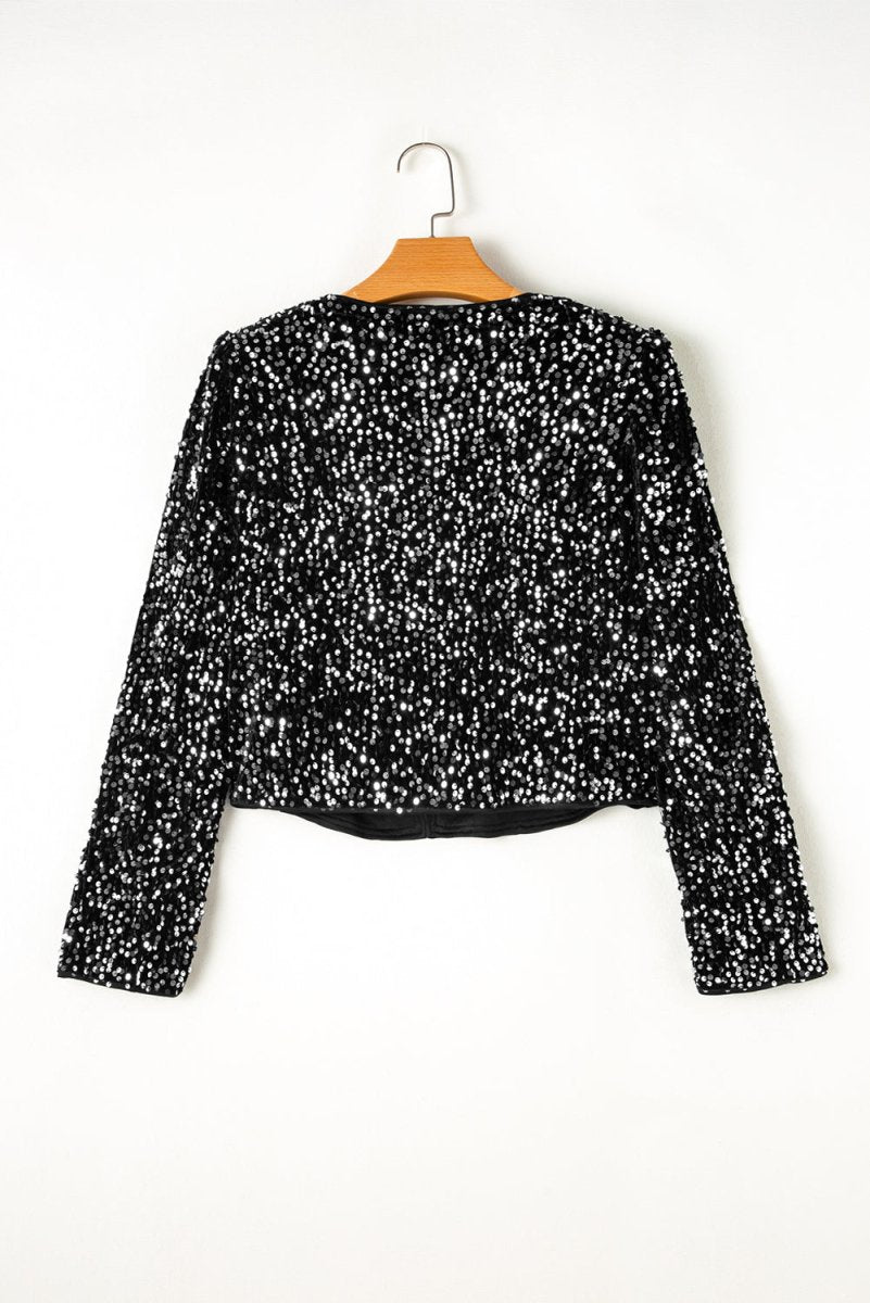 Sequin Open Front Long Sleeve Jacket - Outerwear