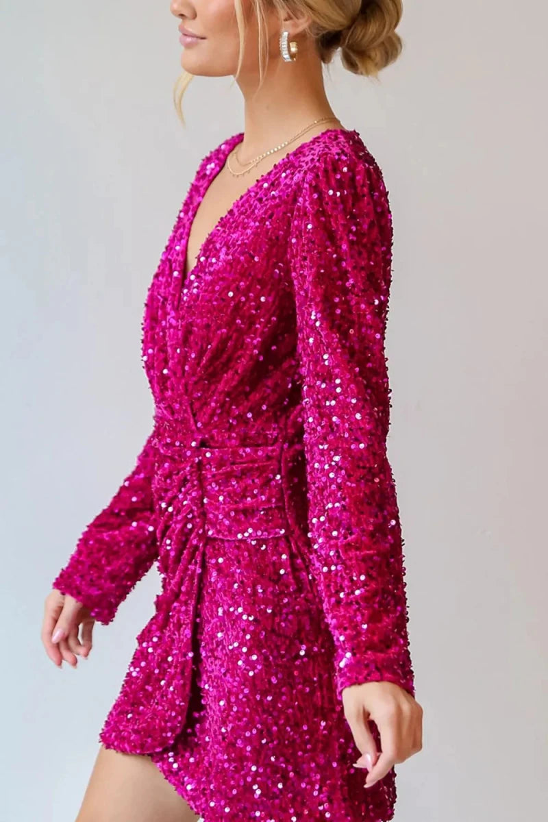Sequin Ruched Sheer Mini Dress - 