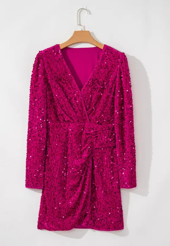Sequin Ruched Sheer Mini Dress - 