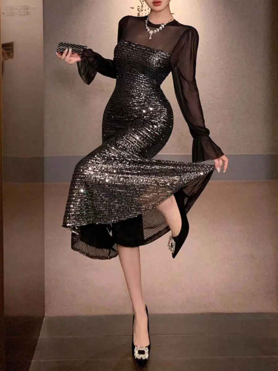 Sequin Sheer Sleeve Midi Dress - 