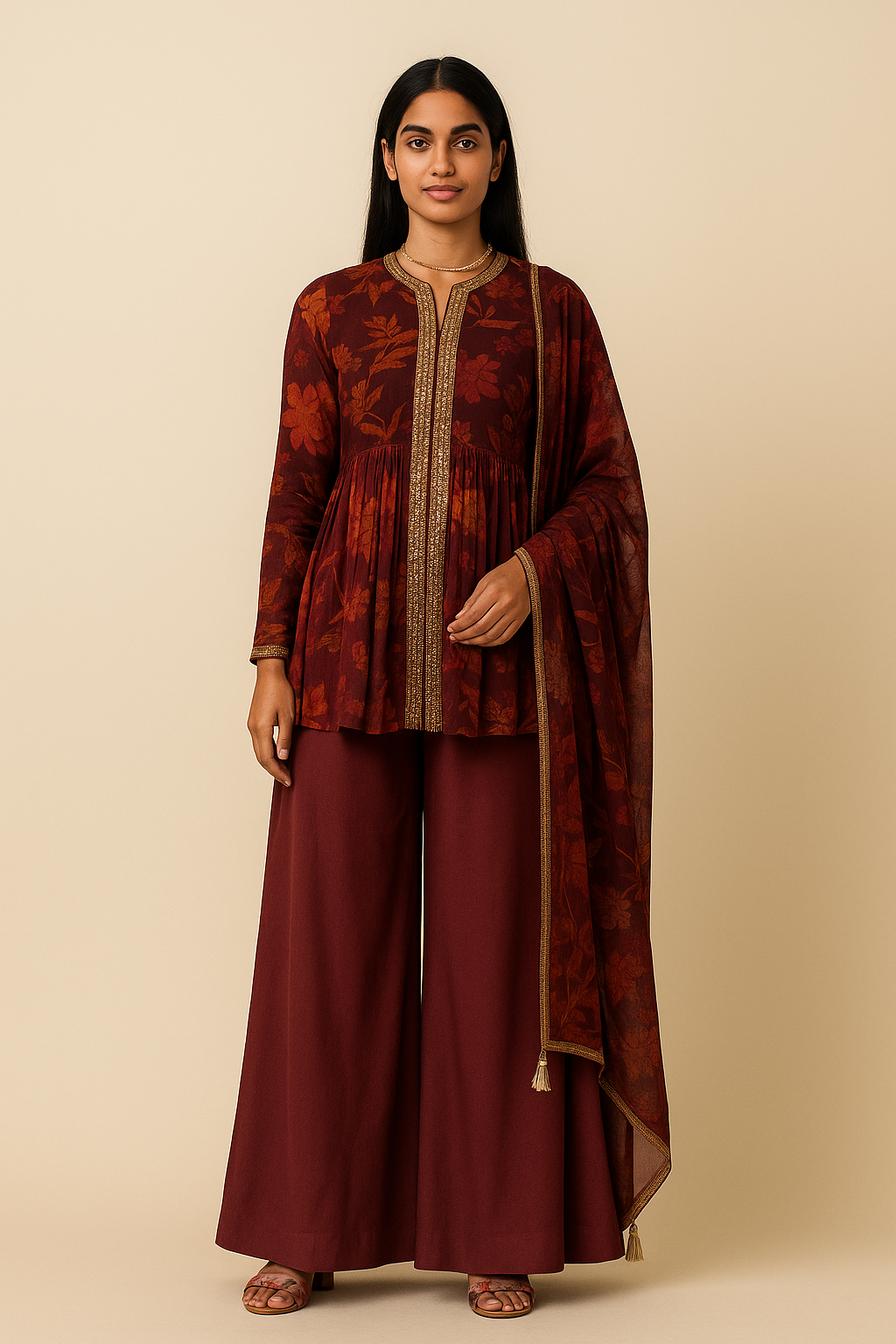 Custom Maroon Top And Dupatta Chiffon Printed Floral Embroidered Sharara Set