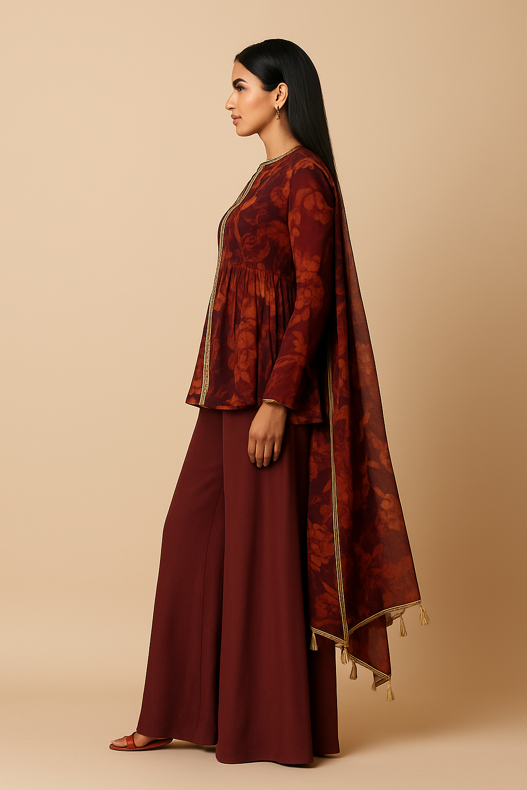 Custom Maroon Top And Dupatta Chiffon Printed Floral Embroidered Sharara Set
