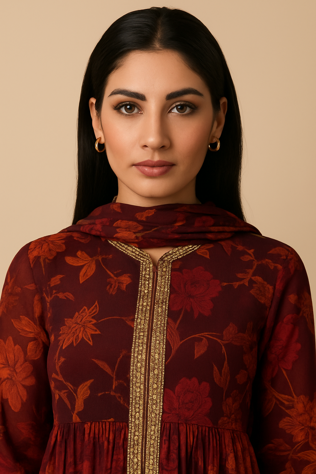 Custom Maroon Top And Dupatta Chiffon Printed Floral Embroidered Sharara Set